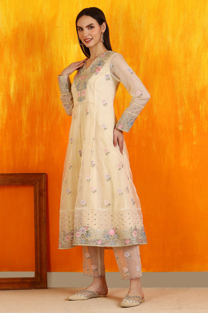 Yellow Embroidered Organza Flared Kurta, Straight Pants and Dupatta Set