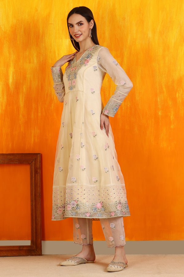 Yellow Embroidered Organza Flared Kurta, Straight Pants and Dupatta Set