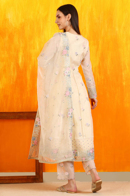 Yellow Embroidered Organza Flared Kurta, Straight Pants and Dupatta Set