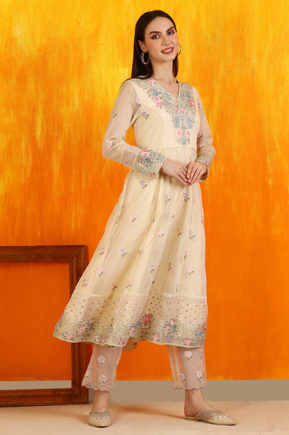 Yellow Embroidered Organza Flared Kurta, Straight Pants and Dupatta Set