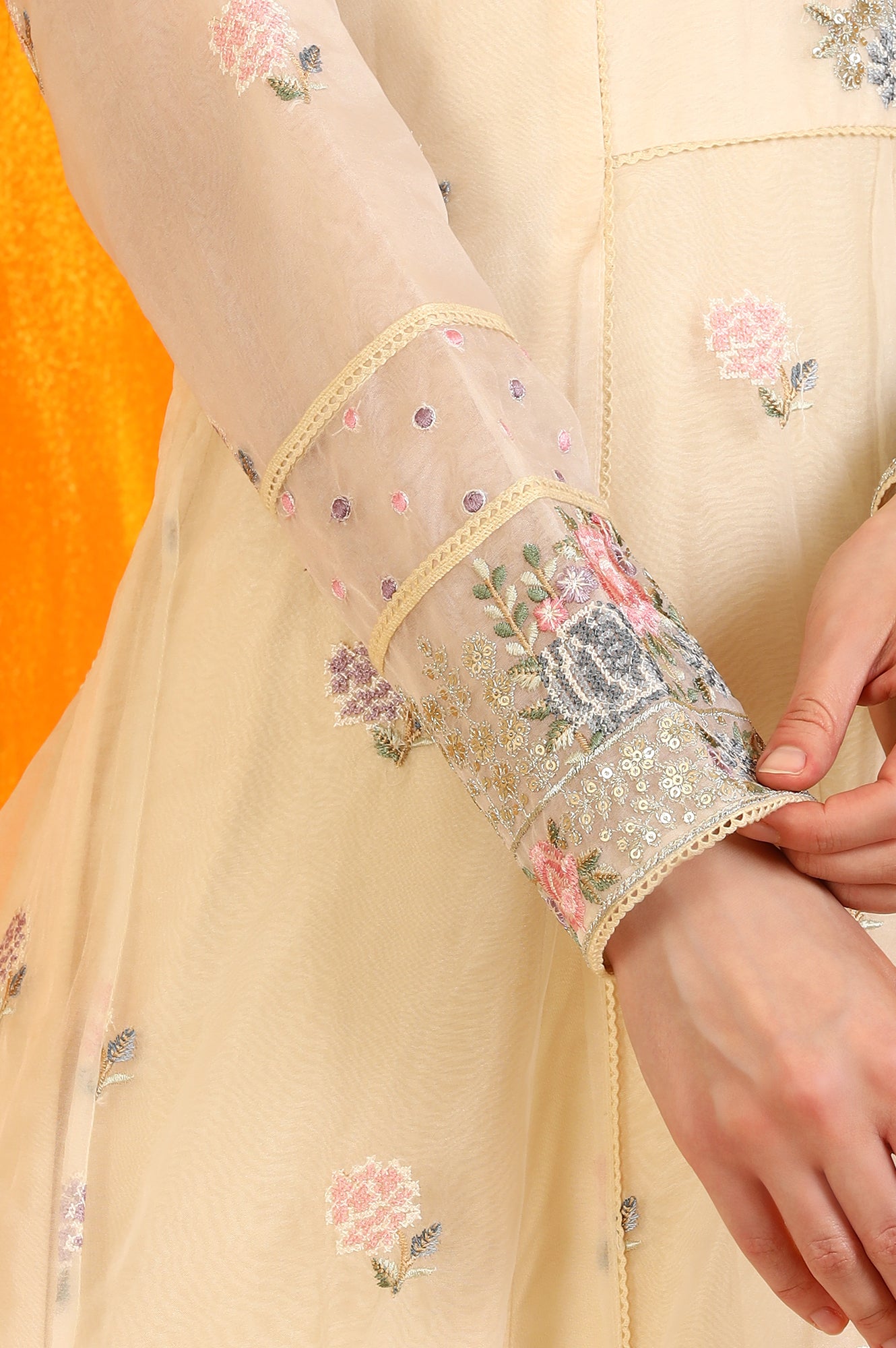Yellow Embroidered Organza Flared Kurta, Straight Pants and Dupatta Set