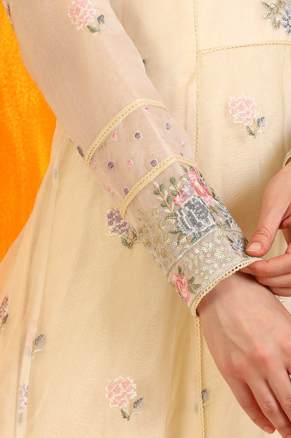 Yellow Embroidered Organza Flared Kurta, Straight Pants and Dupatta Set