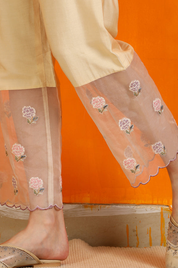 Yellow Embroidered Organza Flared Kurta, Straight Pants and Dupatta Set