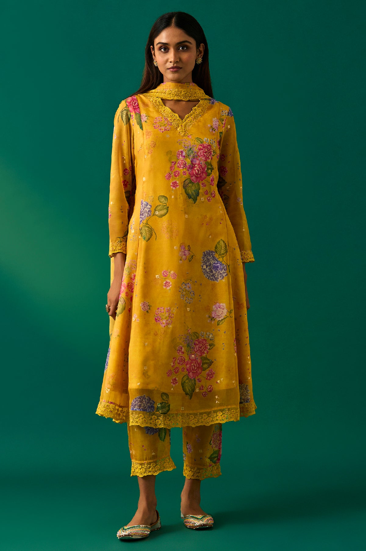 Yellow Floral Printed Organza Flared Kurta, Pants and Dupatta Set - XS