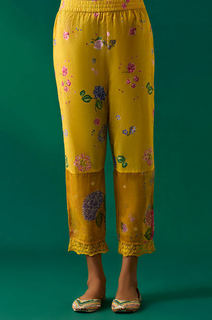 Yellow Floral Printed Organza Flared Kurta, Pants and Dupatta Set