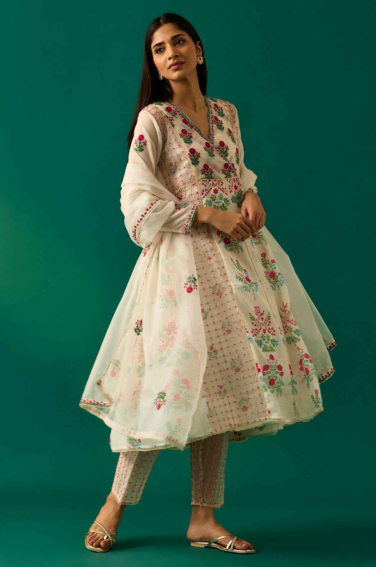 Off-White Floral Embroidered Anarkali Kurta with Straight Pant and Dupatta Set - S