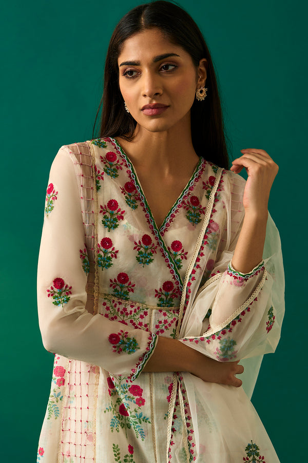 Off-White Floral Embroidered Anarkali Kurta with Straight Pant and Dupatta Set