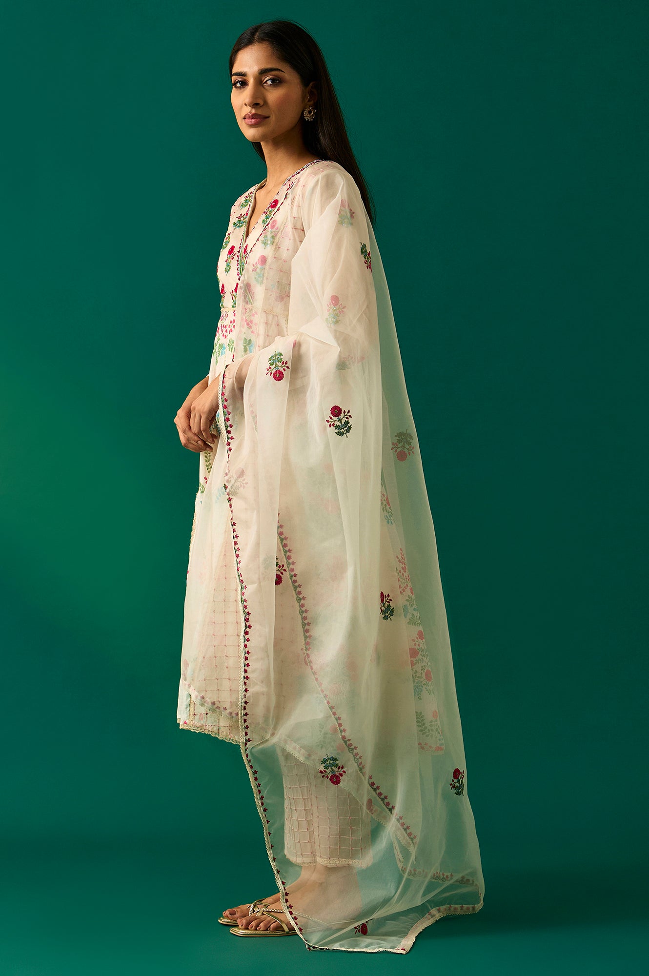 Off-White Floral Embroidered Anarkali Kurta with Straight Pant and Dupatta Set