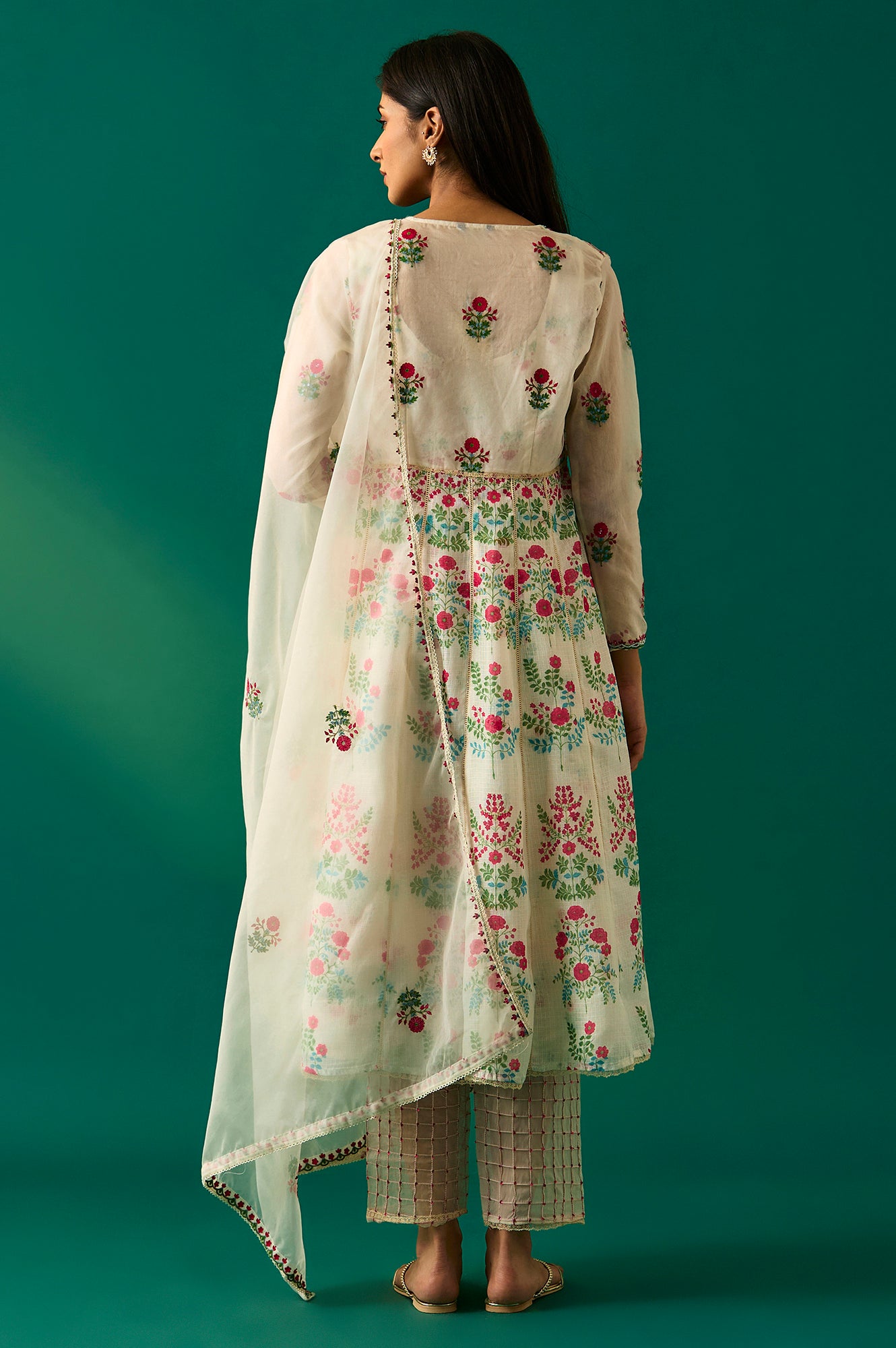 Off-White Floral Embroidered Anarkali Kurta with Straight Pant and Dupatta Set