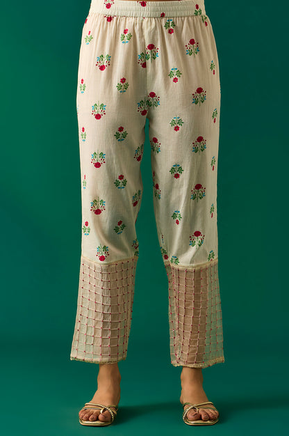 Off-White Floral Embroidered Anarkali Kurta with Straight Pant and Dupatta Set