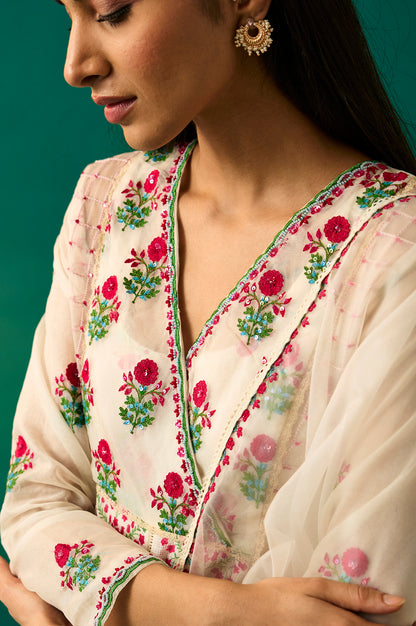 Off-White Floral Embroidered Anarkali Kurta with Straight Pant and Dupatta Set