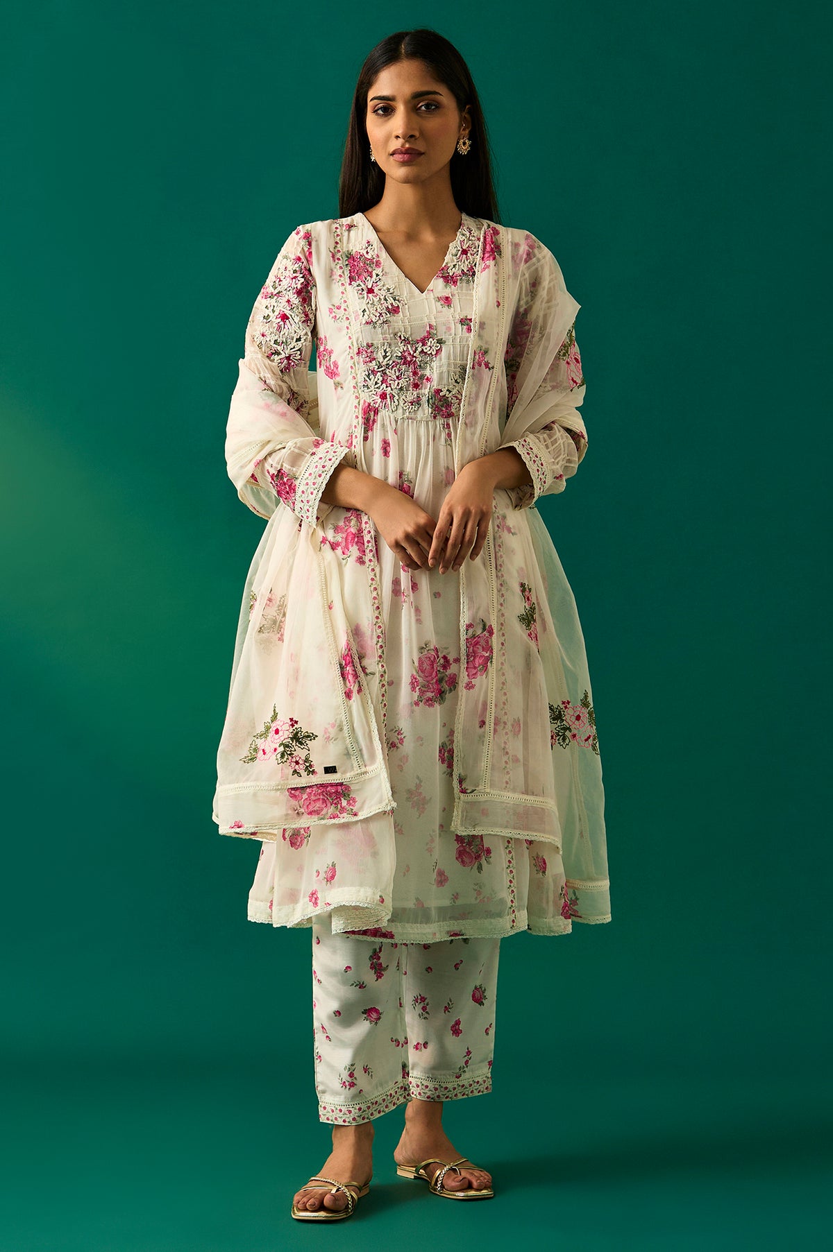 Off White Dori Embroidery Flared Silver Chiffon Kurta, Pants and Dupatta Set - M
