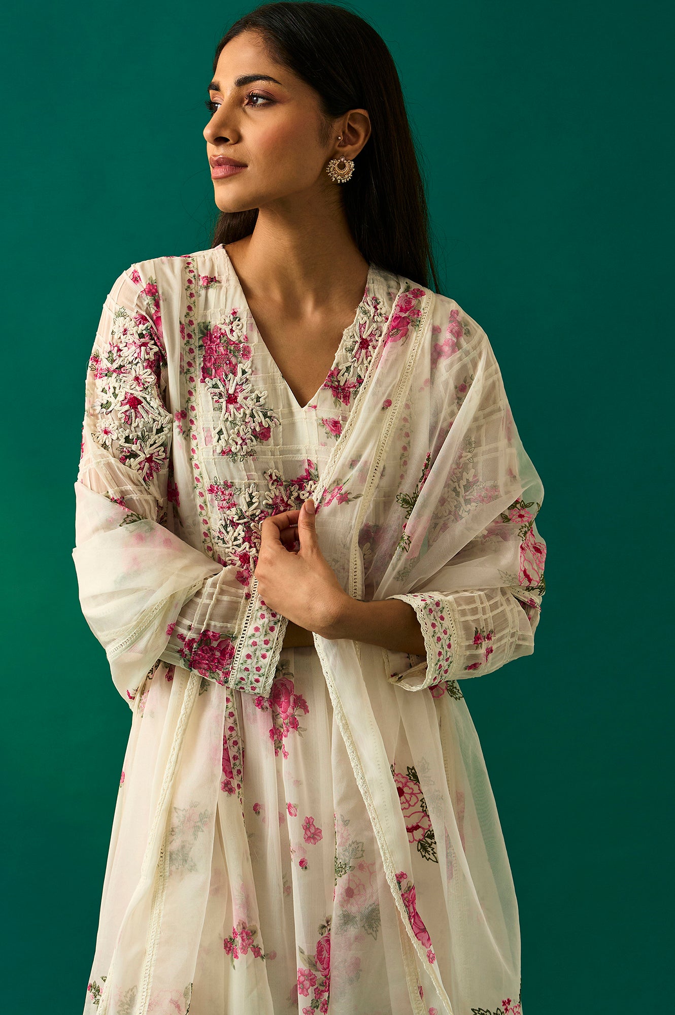 Off White Dori Embroidery Flared Silver Chiffon Kurta, Pants and Dupatta Set