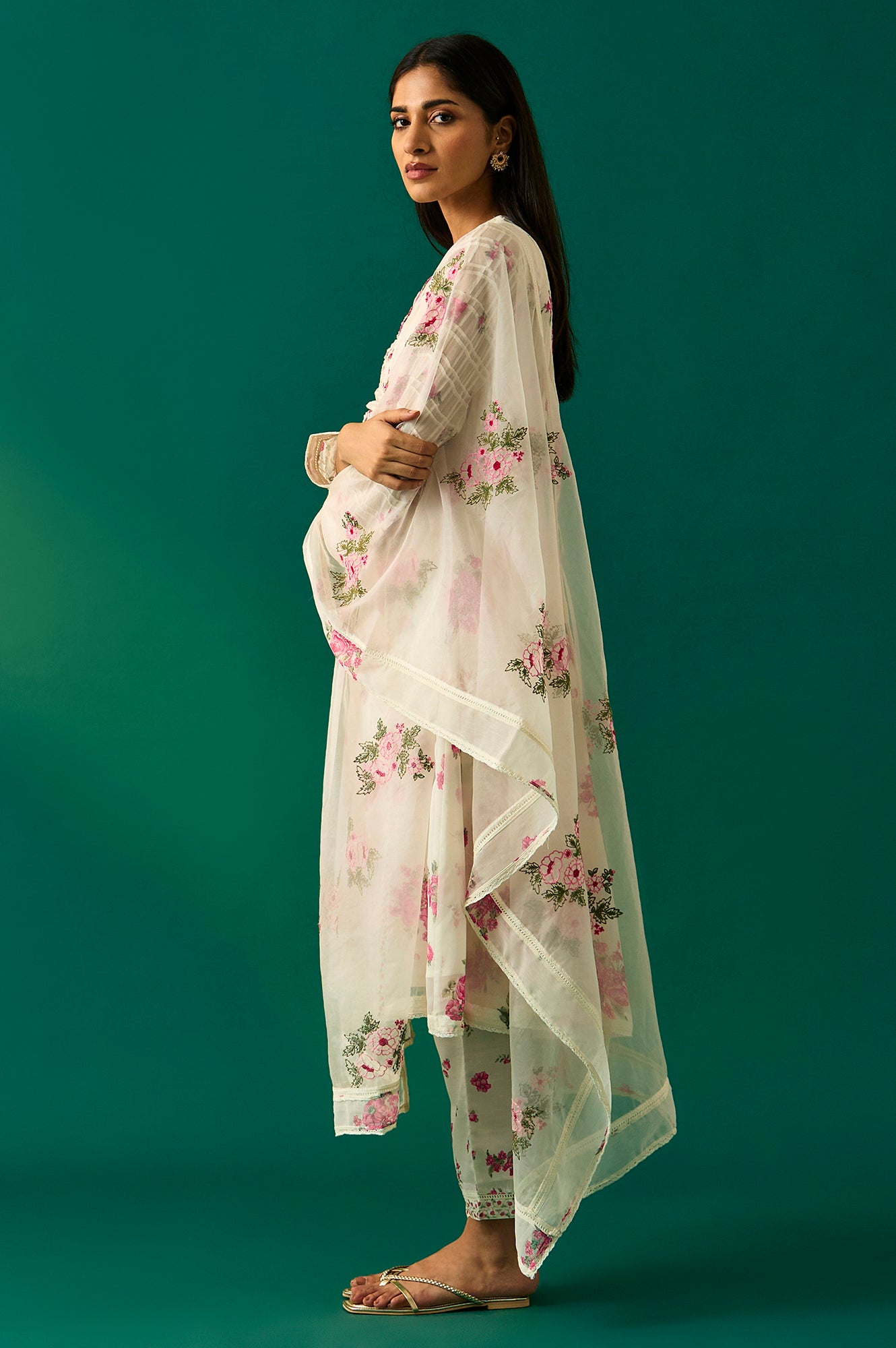 Off White Dori Embroidery Flared Silver Chiffon Kurta, Pants and Dupatta Set