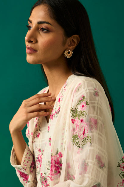 Off White Dori Embroidery Flared Silver Chiffon Kurta, Pants and Dupatta Set