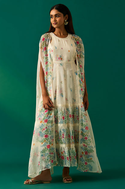 White Floral Printed Chiffon Tiered Flared Dress with Printed Cape