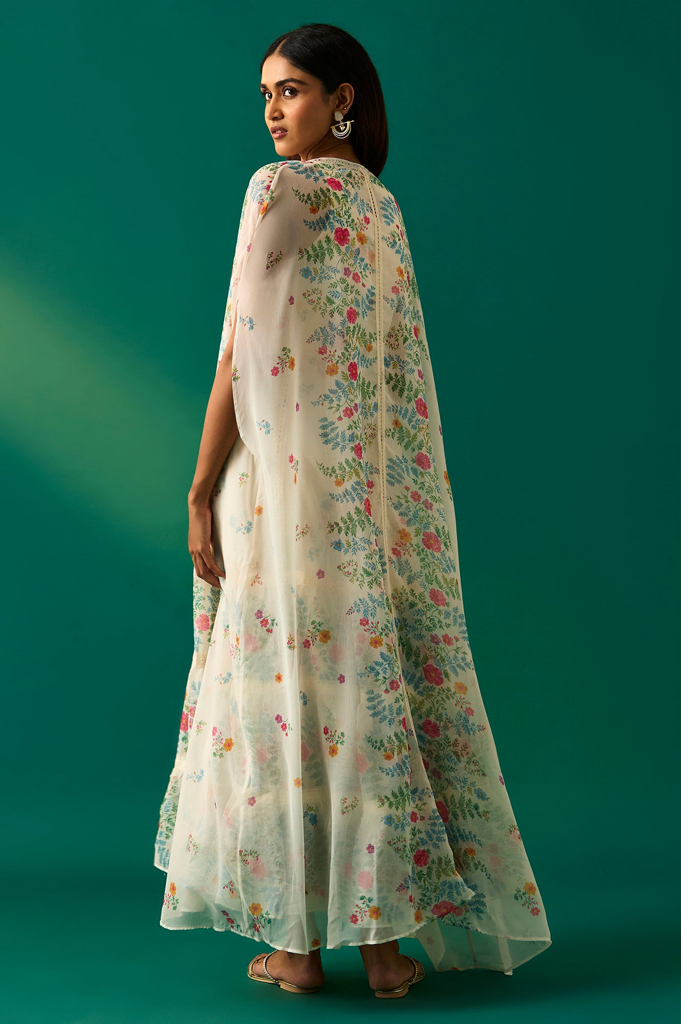 White Floral Printed Chiffon Tiered Flared Dress with Printed Cape