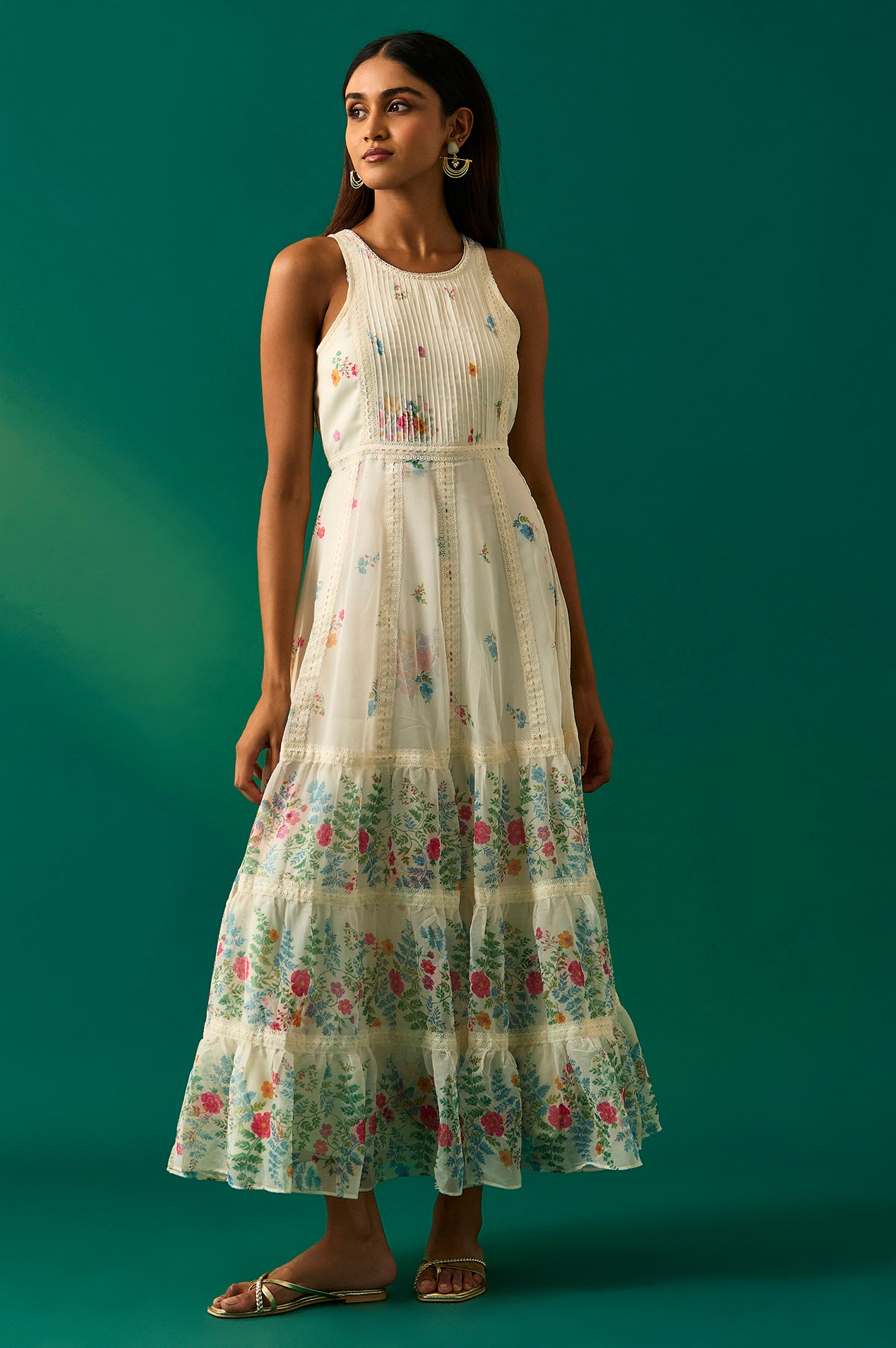 White Floral Printed Chiffon Tiered Flared Dress with Printed Cape