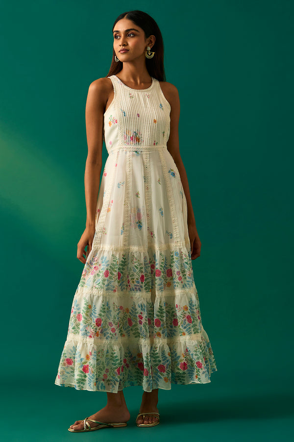 White Floral Printed Chiffon Tiered Flared Dress with Printed Cape