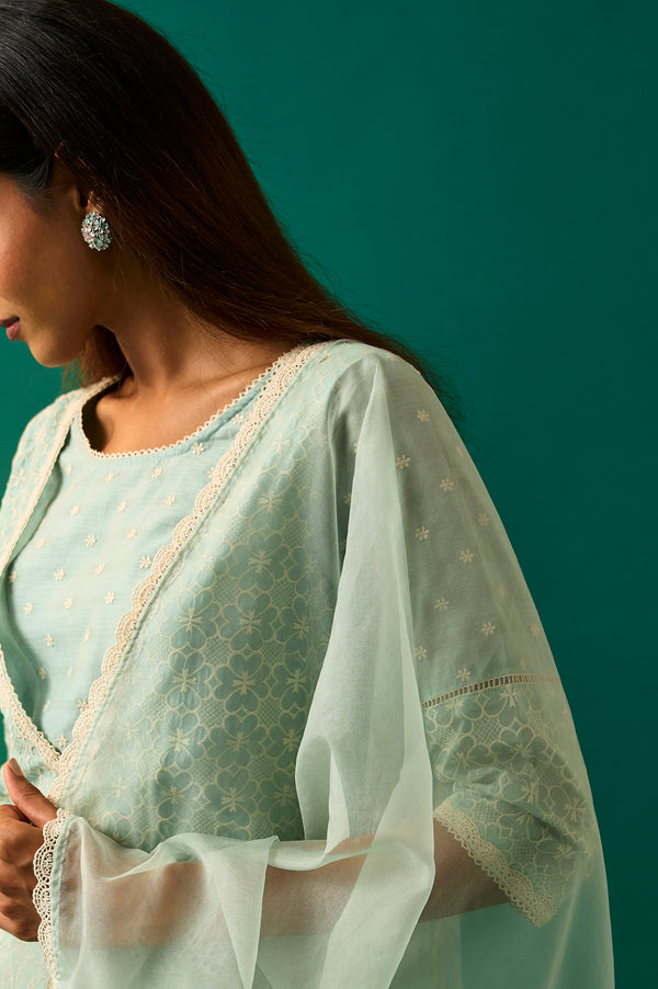 Light Blue Floral Printed Embroidered Tencel Straight Kurta, Pants and Dupatta Set