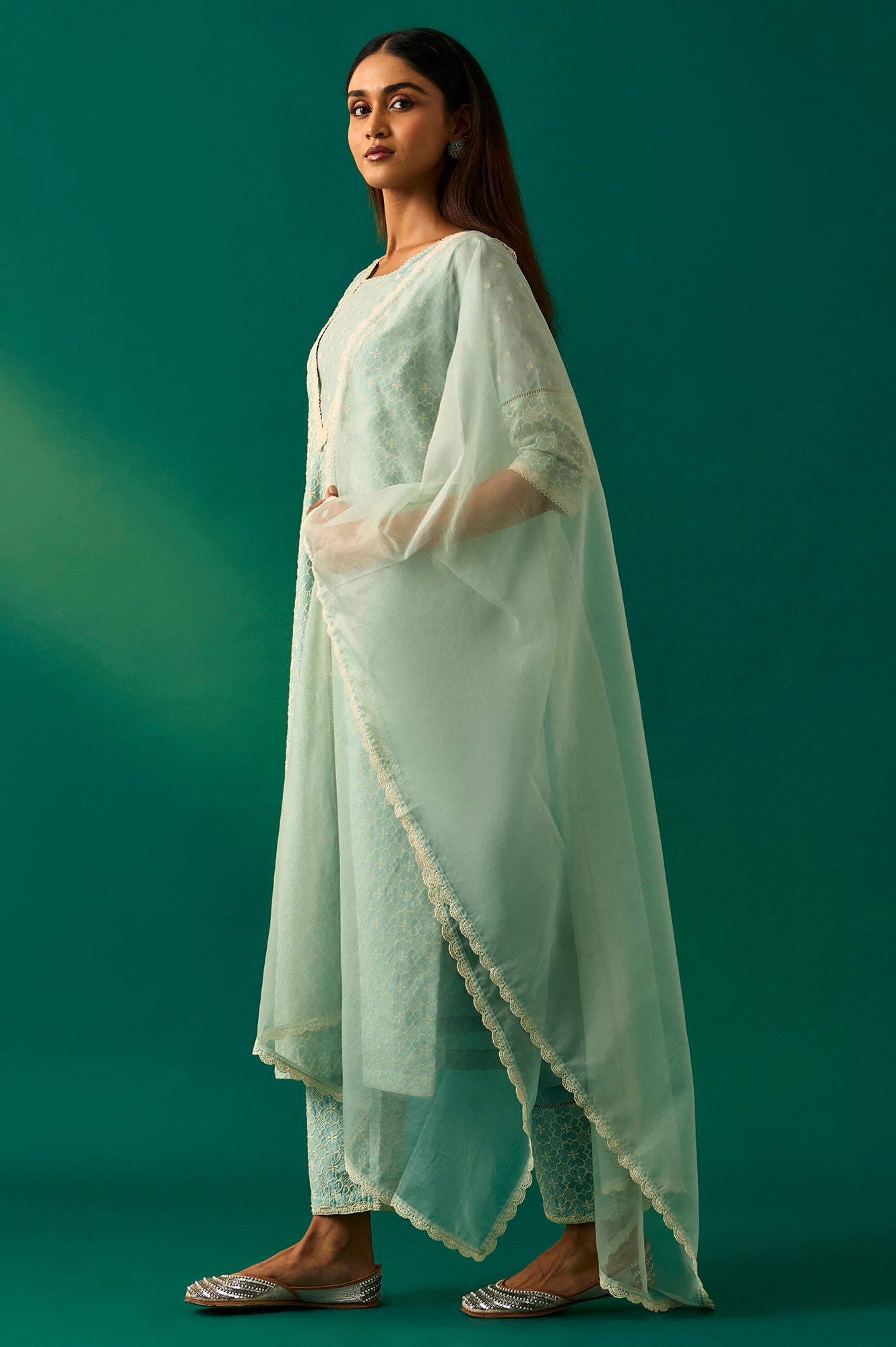 Light Blue Floral Printed Embroidered Tencel Straight Kurta, Pants and Dupatta Set