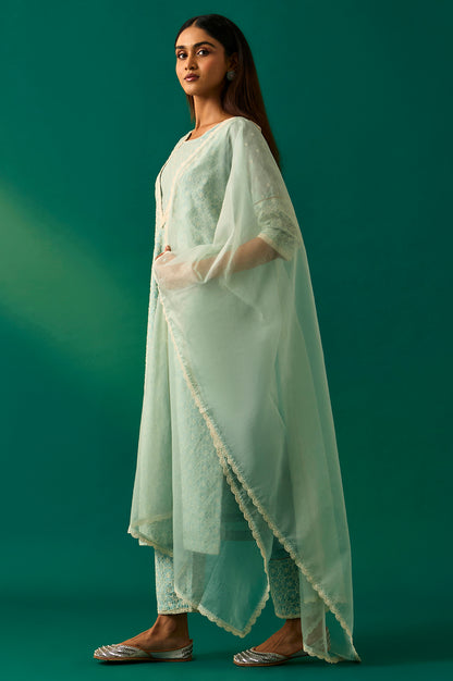 Light Blue Floral Printed Embroidered Tencel Straight Kurta, Pants and Dupatta Set