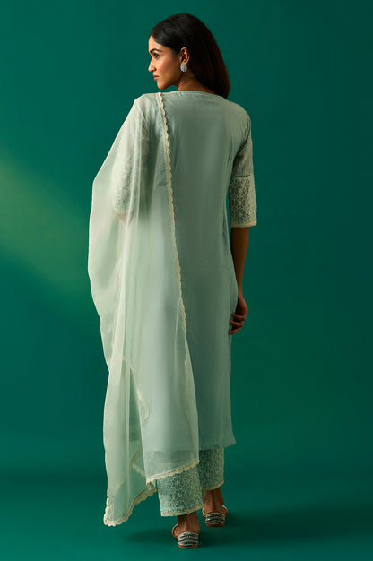 Light Blue Floral Printed Embroidered Tencel Straight Kurta, Pants and Dupatta Set