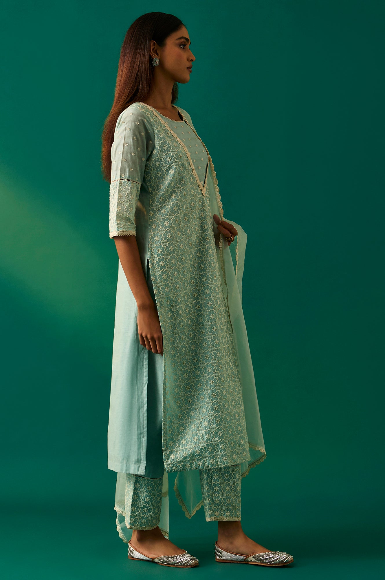 Light Blue Floral Printed Embroidered Tencel Straight Kurta, Pants and Dupatta Set