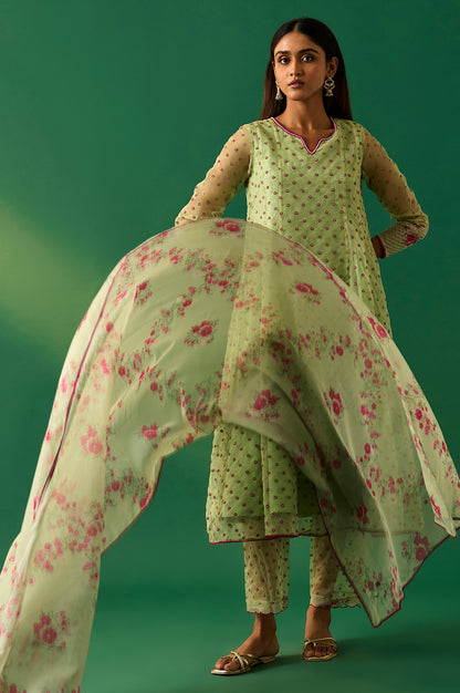 Green Embroidered Organza Flared Kurta, Pant and Printed Dupatta Set