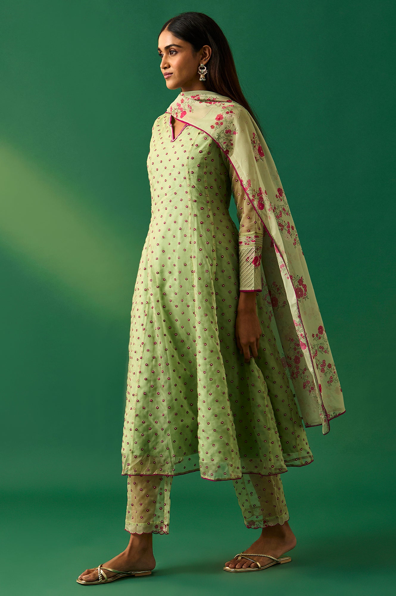 Green Embroidered Organza Flared Kurta, Pant and Printed Dupatta Set