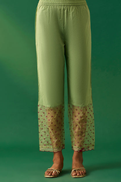 Green Embroidered Organza Flared Kurta, Pant and Printed Dupatta Set
