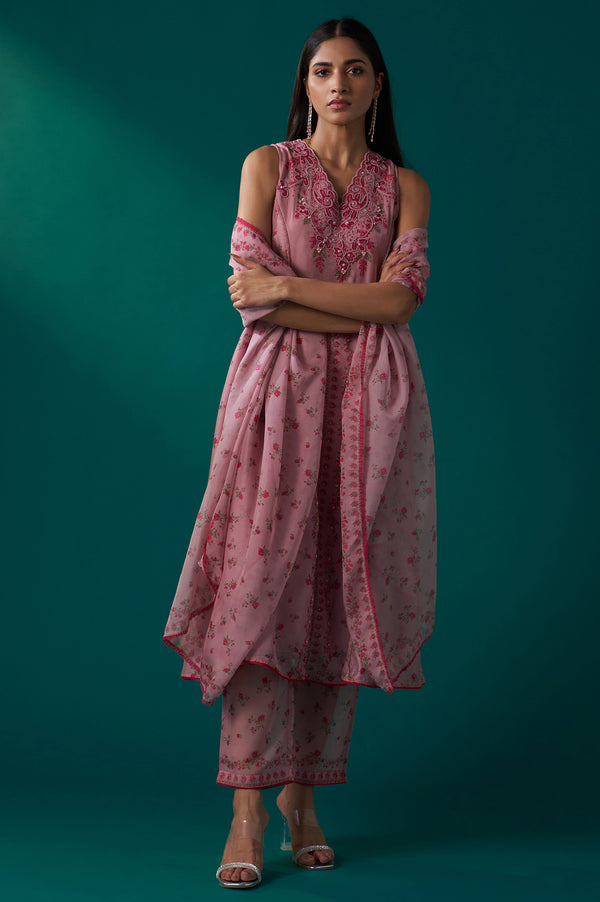 Pink Floral Printed Dori Embroidered Sleeveless Flared Kurta, Pants and Dupatta Set