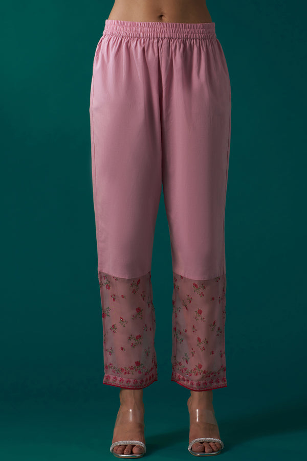 Pink Floral Printed Dori Embroidered Sleeveless Flared Kurta, Pants and Dupatta Set