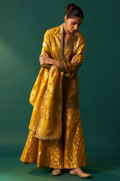 Mustard Solid Printed Silk Organza Straight Kurta, Culotte and Dupatta Set