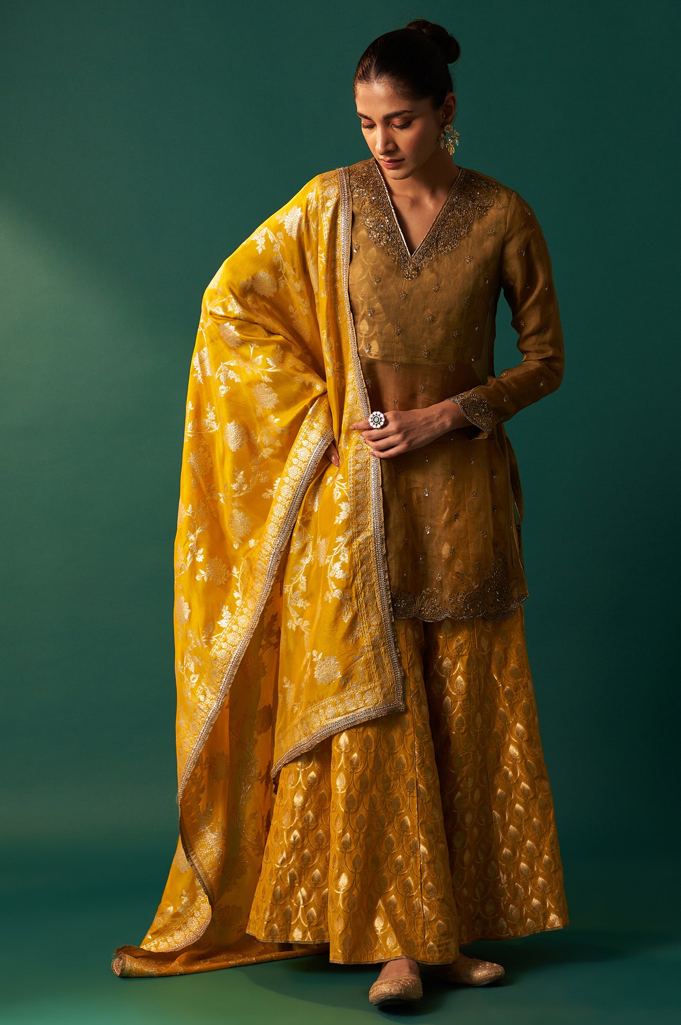 Mustard Solid Printed Silk Organza Straight Kurta, Culotte and Dupatta Set