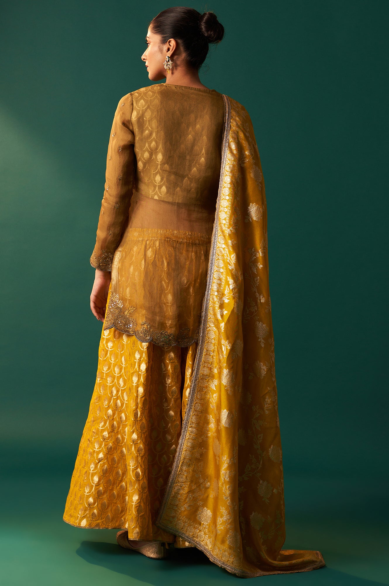 Mustard Solid Printed Silk Organza Straight Kurta, Culotte and Dupatta Set