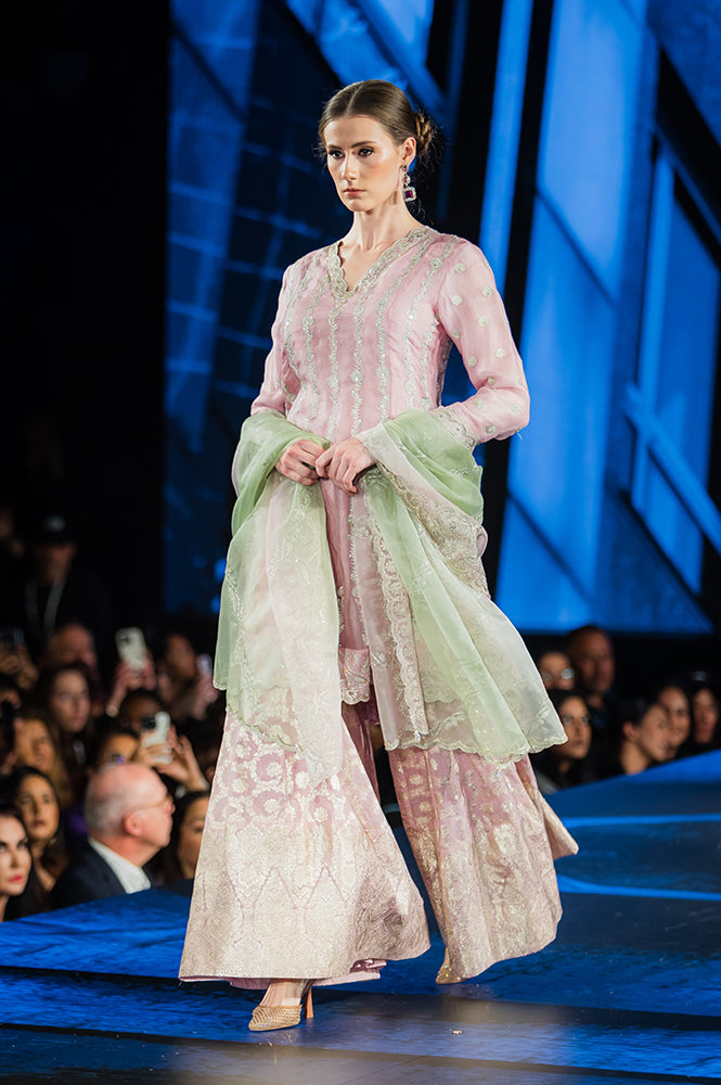 Lilac Embroidered Panelled Silk Organza Short Kurta with Culotte and Dupatta Set - S