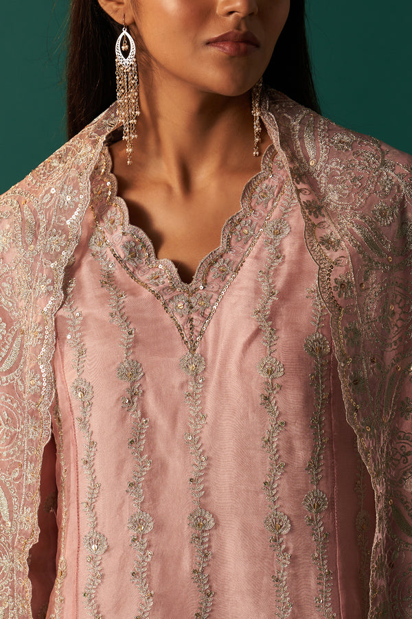 Lilac Embroidered Panelled Silk Organza Short Kurta with Culotte and Dupatta Set