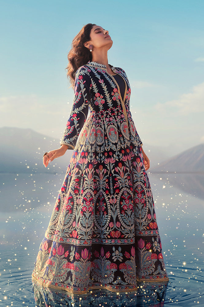 Navy Blue Aari Embroidery Panelled Jacket and Sleeveless Anarkali Dress Set - XS