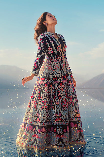 Navy Blue Aari Embroidery Panelled Jacket and Sleeveless Anarkali Dress Set