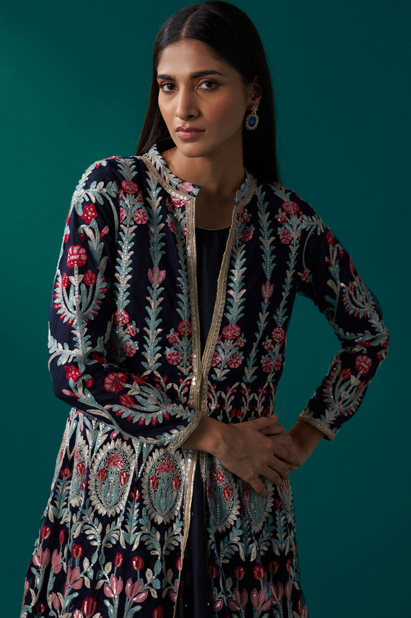 Navy Blue Aari Embroidery Panelled Jacket and Sleeveless Anarkali Dress Set