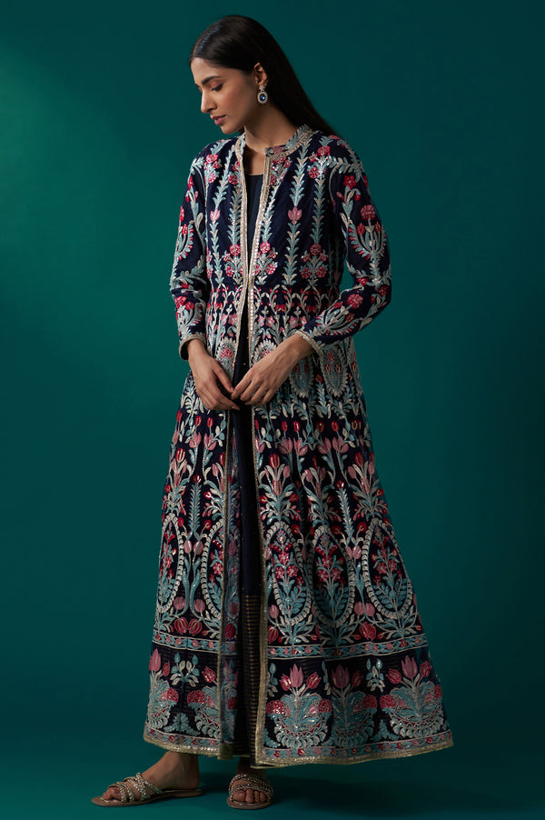 Navy Blue Aari Embroidery Panelled Jacket and Sleeveless Anarkali Dress Set