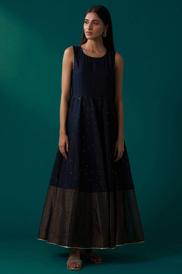 Navy Blue Aari Embroidery Panelled Jacket and Sleeveless Anarkali Dress Set