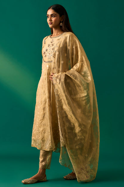 Golden Metallic Emroidered Tissue Jacquard Festive Anarkali Kurta, Pants and Dupatta Set