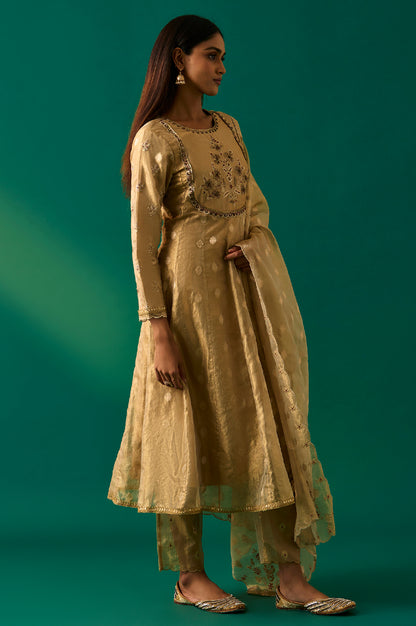 Golden Metallic Emroidered Tissue Jacquard Festive Anarkali Kurta, Pants and Dupatta Set