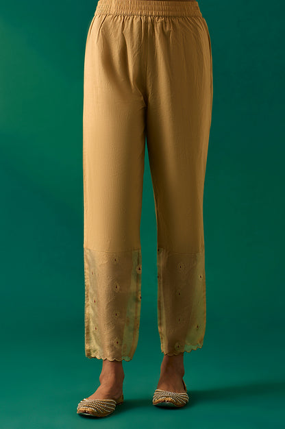 Golden Metallic Emroidered Tissue Jacquard Festive Anarkali Kurta, Pants and Dupatta Set