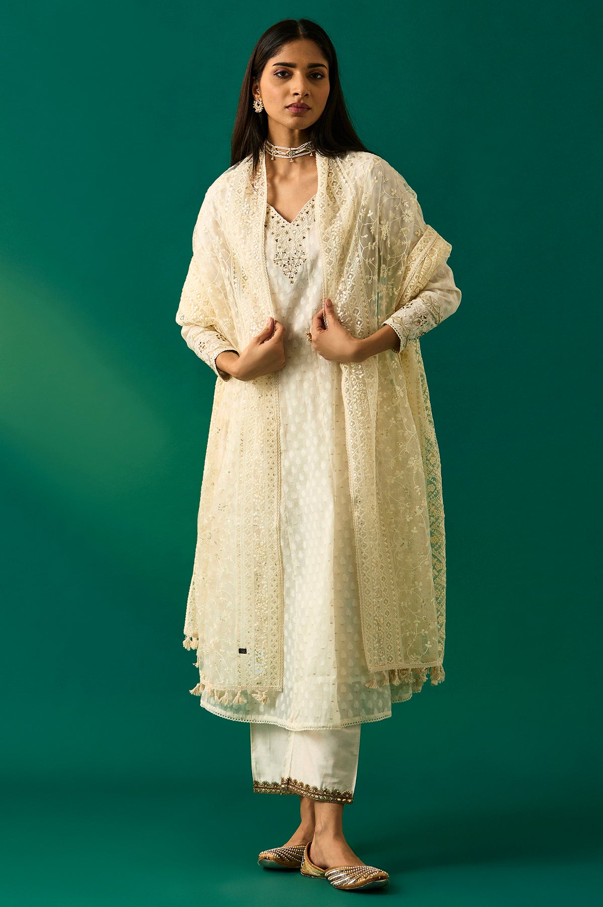 Off-White Embroidered Anarkali Cotton Kurta with Straight Pants and Dupatta Set - L