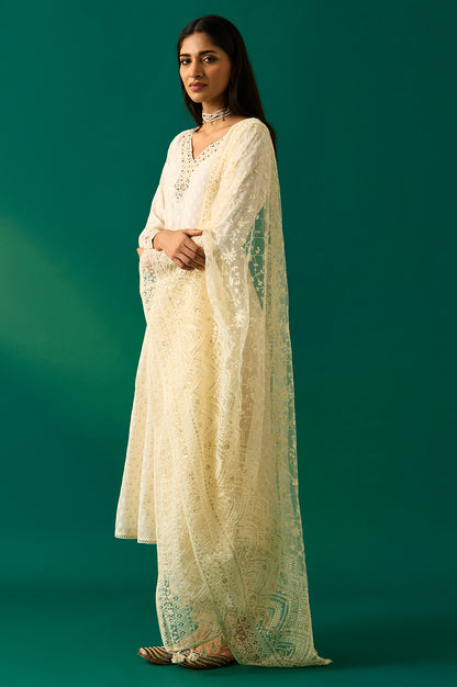 Off-White Embroidered Anarkali Cotton Kurta with Straight Pants and Dupatta Set