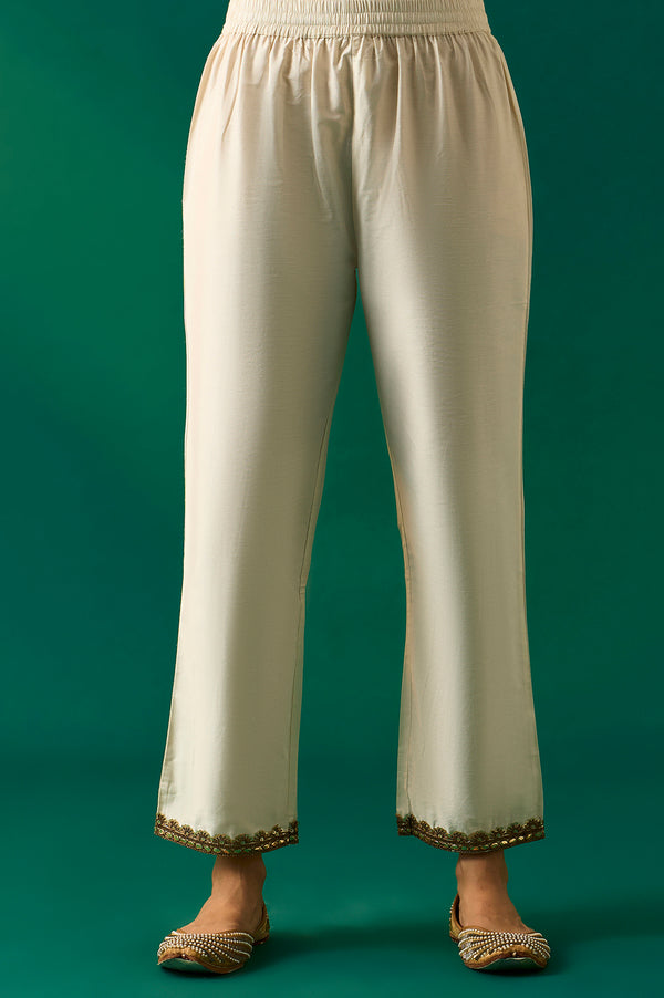 Off-White Embroidered Anarkali Cotton Kurta with Straight Pants and Dupatta Set