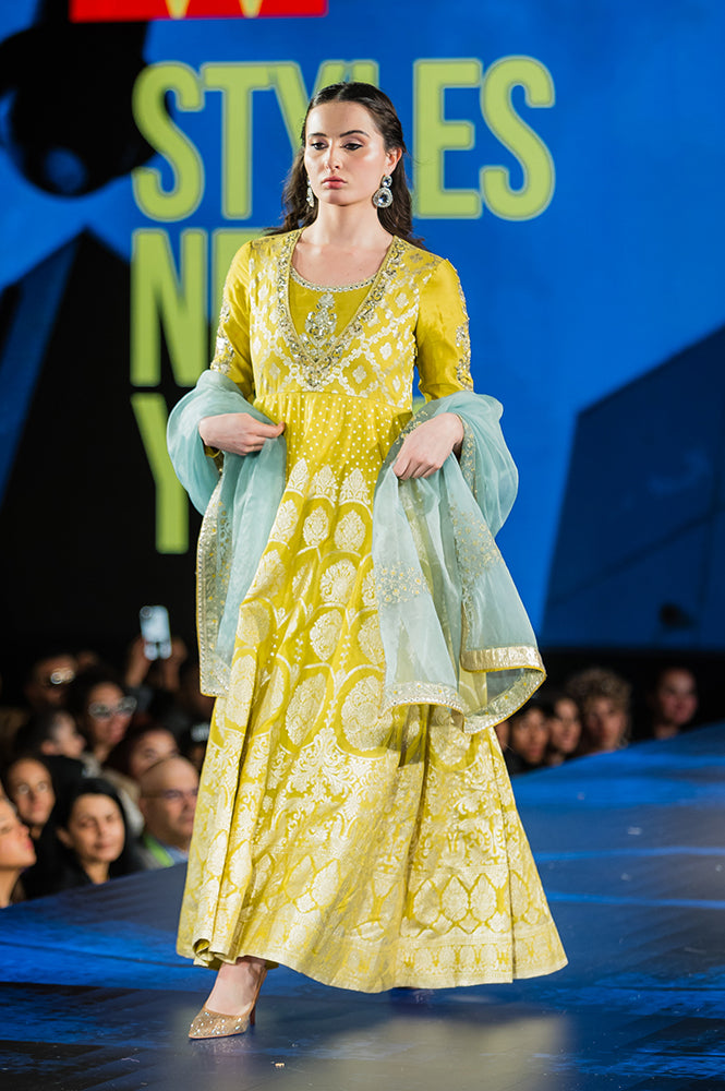 Green Embroidered Zari Work Flared Cotton Dress with Dupatta Set - XS